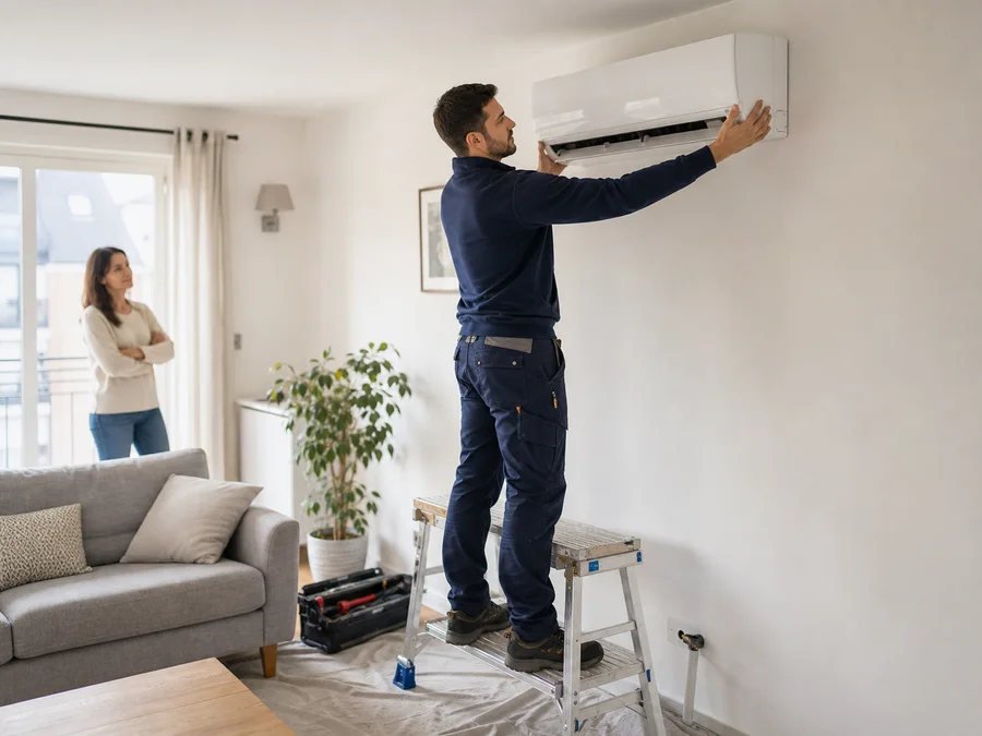 Technicien installant une climatisation réversible murale dans un logement au Chesnay
