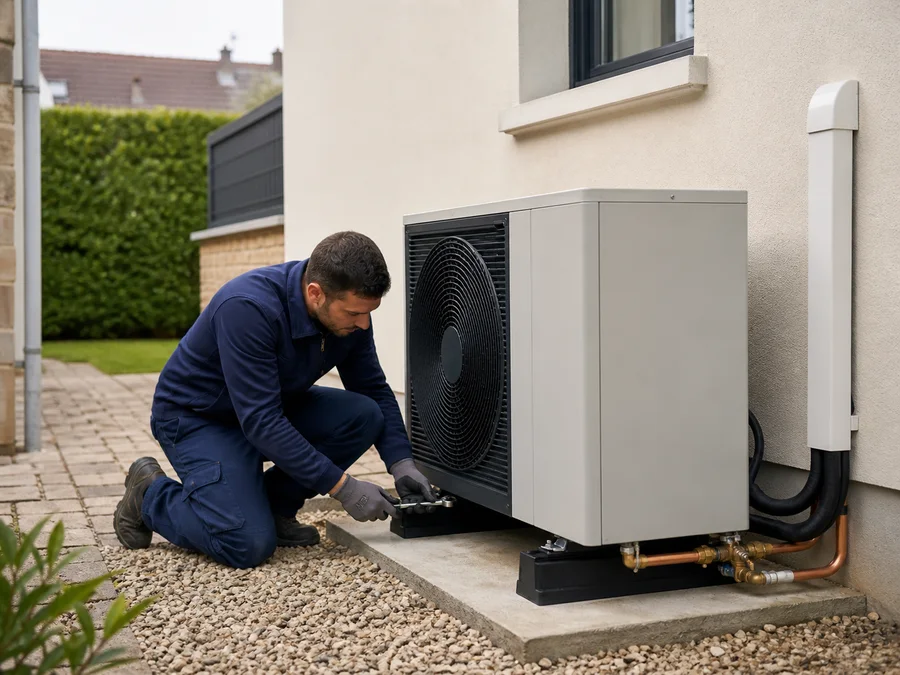 Technicien contrôlant une installation de pompe à chaleur air/eau dans une maison à Versailles